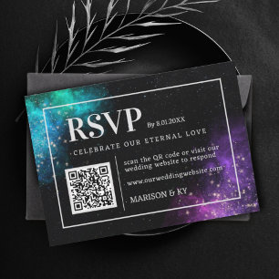 Celestial Purple Teal Nebula Stars Wedding RSVP QR Card