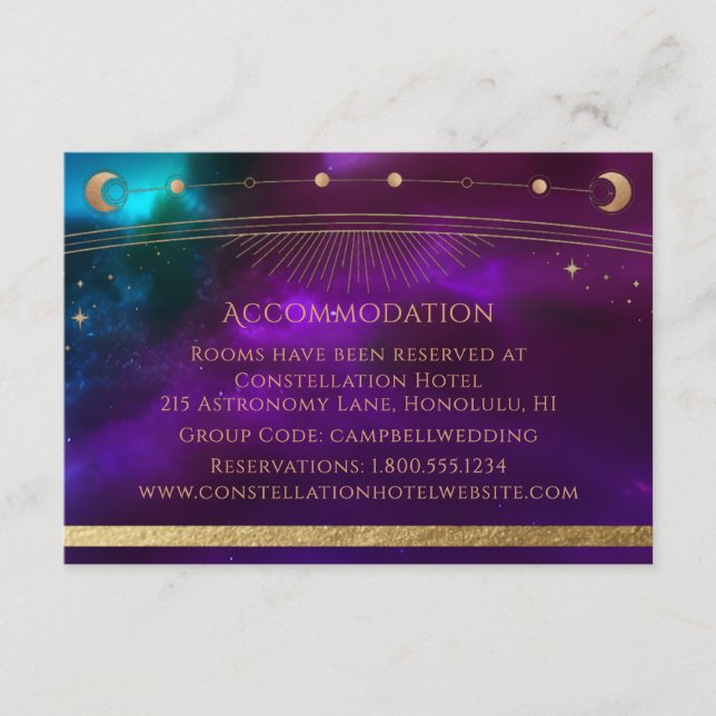 Celestial Purple Teal Sun Moon Stars Accommodation Enclosure Card (Front)