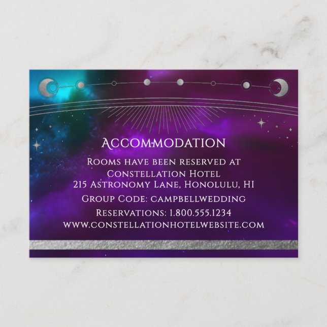 Celestial Purple Teal Sun Moon Stars Accommodation Enclosure Card (Front)