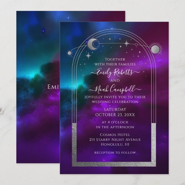 Celestial Purple Teal Wedding Invitation (Front/Back)