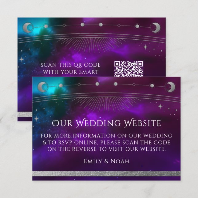 Celestial Purple Teal Wedding Website RSVP QR Code Enclosure Card (Front/Back)