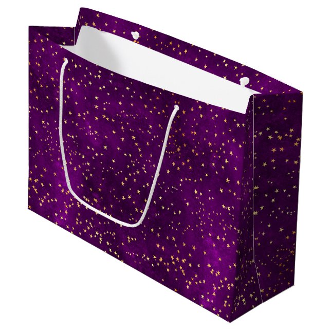 Celestial Purple & Yellow Starry Night Pattern Large Gift Bag (Front Angled)
