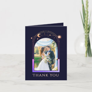 Celestial Rainbow Blue Photo Wedding Thank You Card