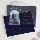 Celestial Rainbow Navy Blue Photo Wedding Vellum Invitations<br><div class="desc">Celestial Rainbow Navy Blue Photo Wedding Vellum Save The Dates Invitations features a rainbow coloured sun, moon and stars frame on an elegant navy blue background. Inside is your favourite photo and your custom save the date information. Personalise by editing the text in the text boxes. Designed for you by...</div>
