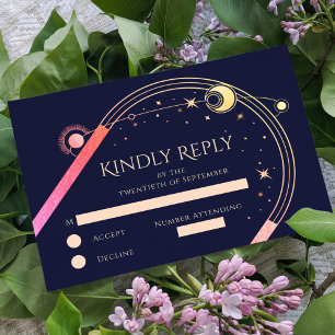 Celestial Rainbow Navy Blue Sun Moon Stars Space RSVP Card