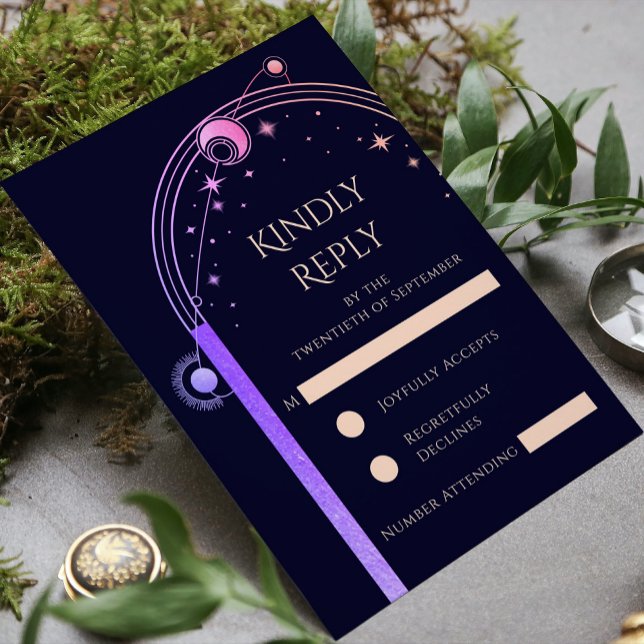 Celestial Rainbow Navy Blue Sun Moon Stars Wedding RSVP Card (Creator Uploaded)