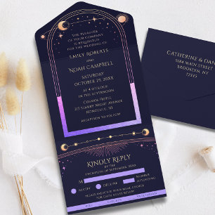 Celestial Rainbow Sun Moon Stars Wedding RSVP All In One Invitation
