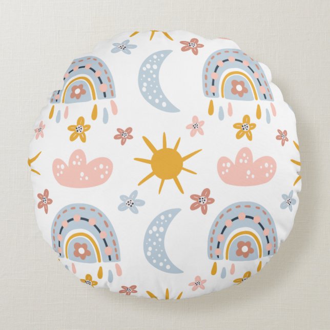 Celestial Rainbow & Sunburst Pattern Round Cushion (Front)
