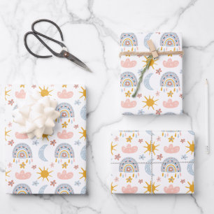 Celestial Rainbow & Sunburst Pattern Wrapping Paper Sheet
