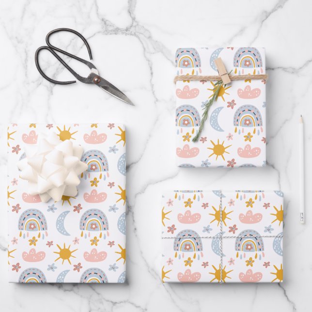 Celestial Rainbow & Sunburst Pattern Wrapping Paper Sheet (Front)