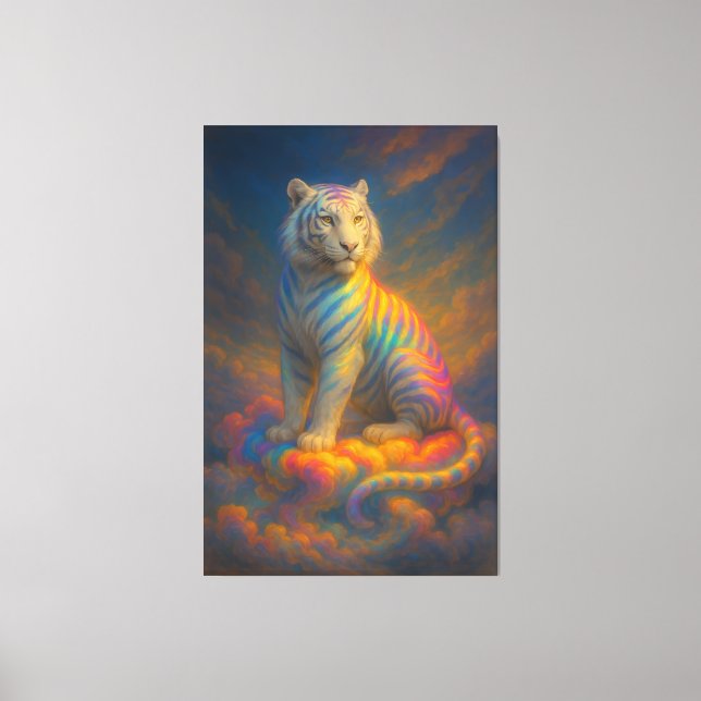 Celestial Rainbow White Tiger – Fantasy Art Painti Canvas Print (Front)