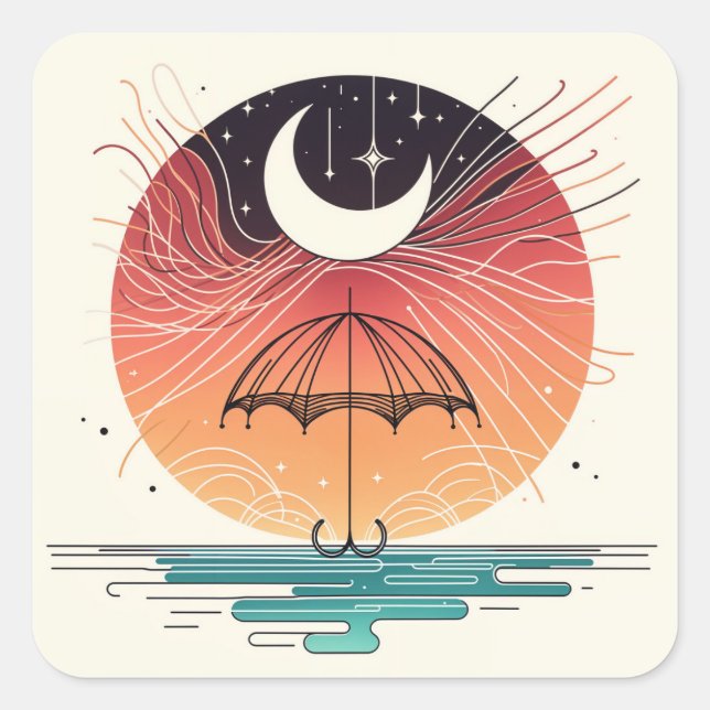 Celestial Rainfall in Boho Line Art Square Sticker (Front)