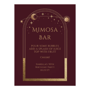 Celestial Red Gold Mimosa Bar Sun Moon Stars  Poster