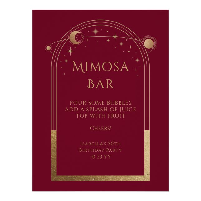 Celestial Red Gold Mimosa Bar Sun Moon Stars  Poster (Front)