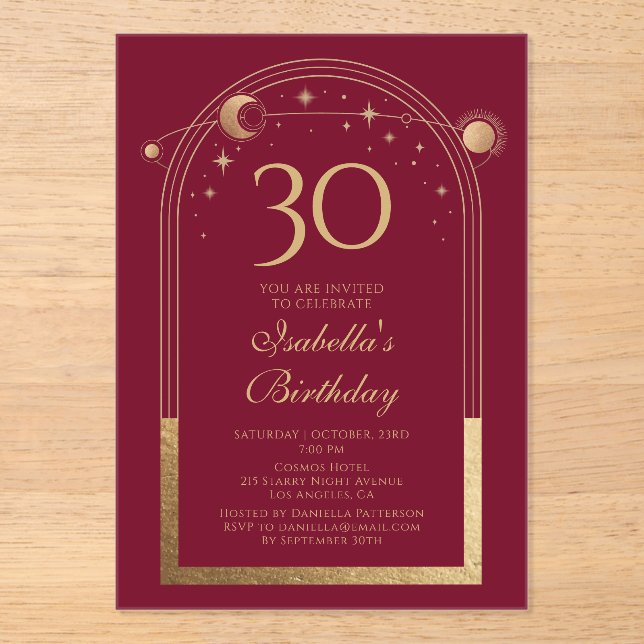 Celestial Red Gold Sun Moon Stars 30th Birthday Acrylic Invitations (Front)