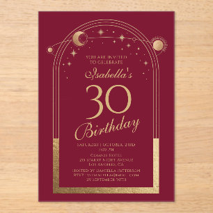 Celestial Red Gold Sun Moon Stars 30th Birthday Acrylic Invitations
