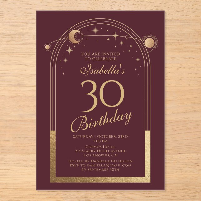 Celestial Red Gold Sun Moon Stars 30th Birthday Acrylic Invitations (Front)