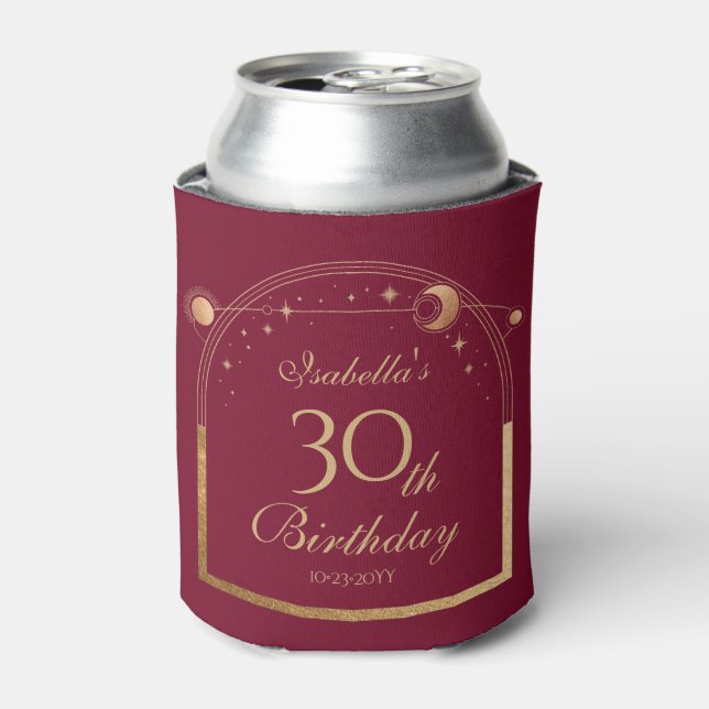 Celestial Red Gold Sun Moon Stars 30th Birthday Can Cooler (Can Front)