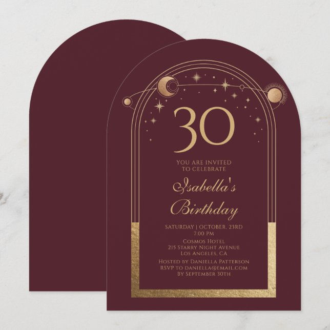 Celestial Red Gold Sun Moon Stars 30th Birthday Invitation (Front/Back)