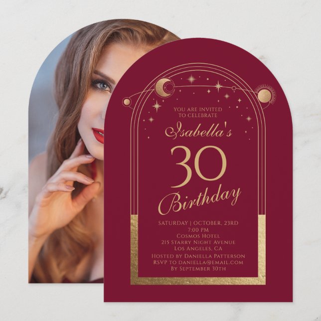 Celestial Red Gold Sun Moon Stars 30th Birthday Invitation (Front/Back)