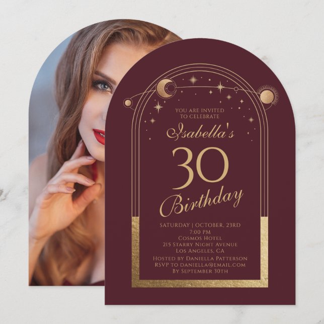 Celestial Red Gold Sun Moon Stars 30th Birthday Invitation (Front/Back)