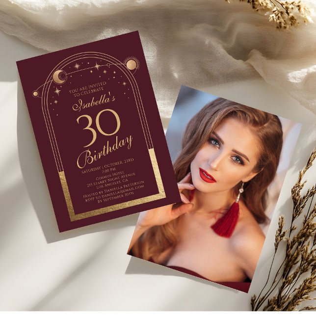 Celestial Red Gold Sun Moon Stars 30th Birthday Invitation (Creator Uploaded)