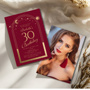 Celestial Red Gold Sun Moon Stars 30th Birthday Invitation