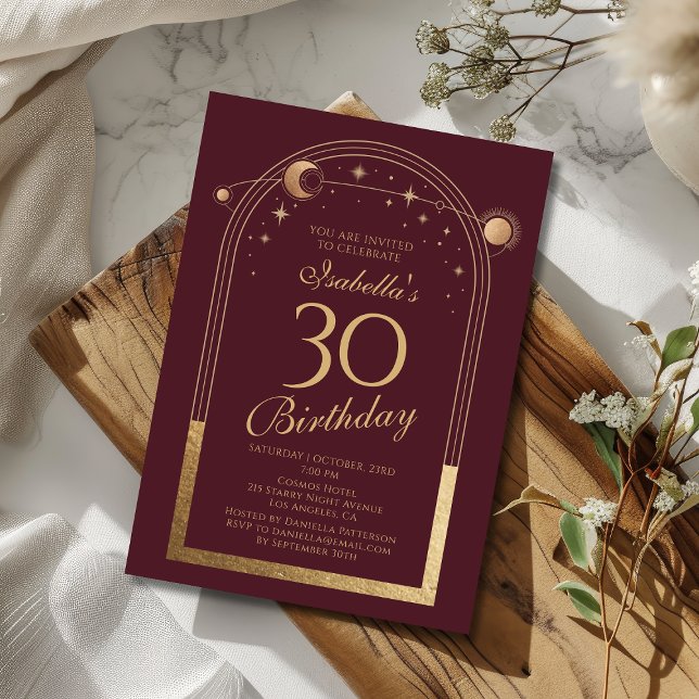 Celestial Red Gold Sun Moon Stars 30th Birthday Invitation (Creator Uploaded)