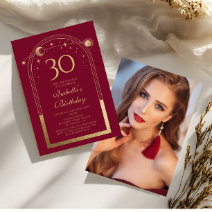 Celestial Red Gold Sun Moon Stars 30th Birthday Invitation