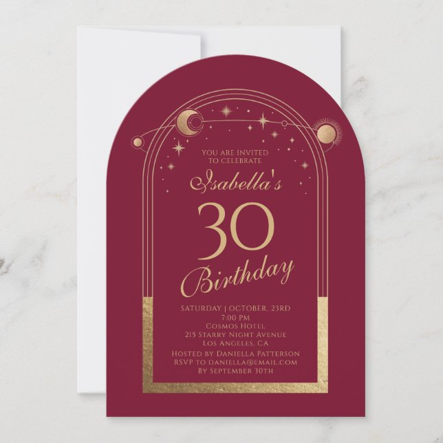 Celestial Red Gold Sun Moon Stars 30th Birthday Invitation (Front)