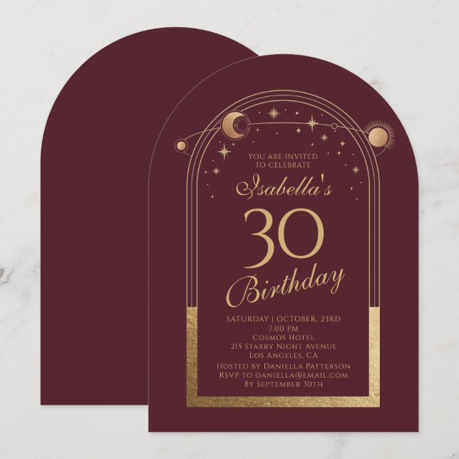 Celestial Red Gold Sun Moon Stars 30th Birthday Invitation (Front/Back)