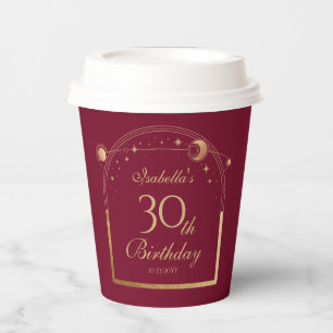 Celestial Red Gold Sun Moon Stars 30th Birthday Paper Cups