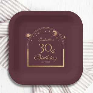Celestial Red Gold Sun Moon Stars 30th Birthday Paper Plate
