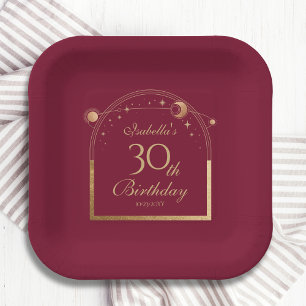 Celestial Red Gold Sun Moon Stars 30th Birthday Paper Plate