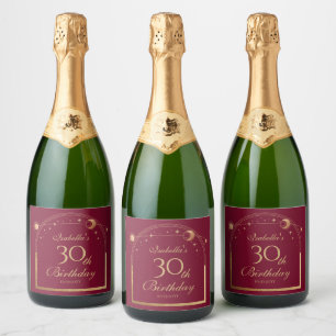 Celestial Red Gold Sun Moon Stars 30th Birthday Sparkling Wine Label