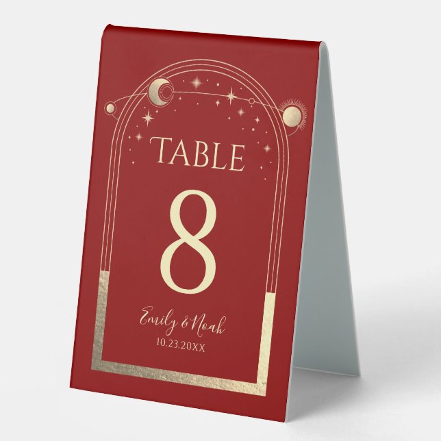 Celestial Red Gold Sun Moon Stars Elegant Wedding (Front)