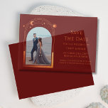 Celestial Red Orange Photo Wedding Save The Date Vellum Invitations<br><div class="desc">Celestial Chic Red Orange Photo Wedding Vellum Save The Dates Invitations features an orange coloured sun, moon and stars frame on an elegant red background. Inside is your favourite photo and your custom save the date information. Personalise by editing the text in the text boxes. Designed for you by ©Evco...</div>