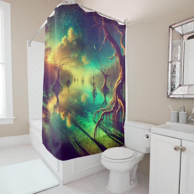 Celestial Reflections – Surreal Landscape Art Shower Curtain (In Situ)