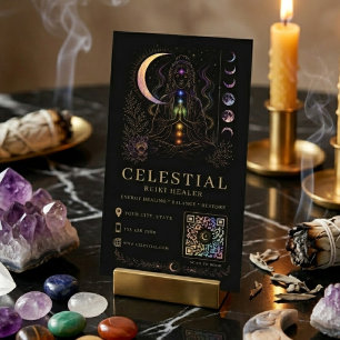 Celestial Reiki Healer Luxury Black Gold QR  Business Card