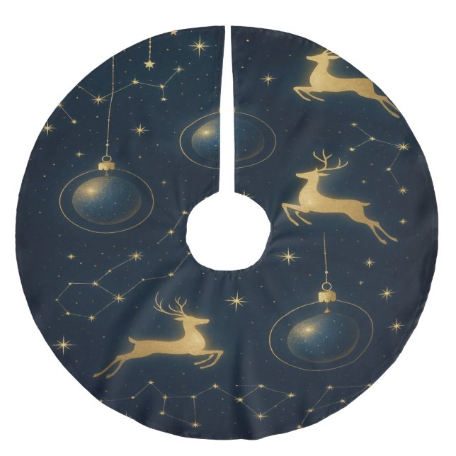Celestial Reindeer and Golden Star Ornaments Brushed Polyester Tree Skirt (Front)