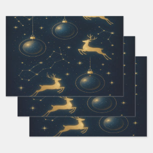 Celestial Reindeer and Golden Star Ornaments Wrapping Paper Sheet