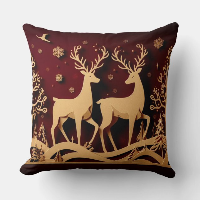 Celestial Reindeer Waltz – Golden Forest Cushion (Front)