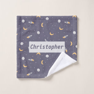 Celestial Rocket Moon Stars Planet Pattern Wash Cloth