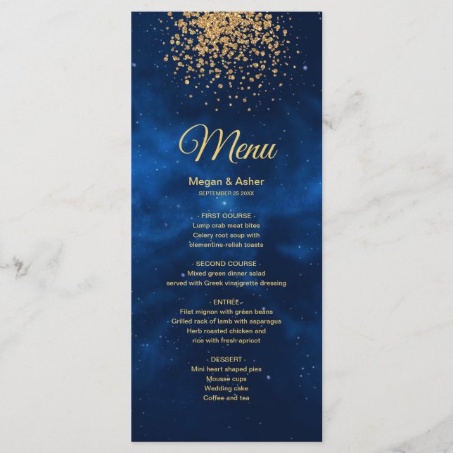 Celestial Romantic Blue Universe Gold Glitter Menu (Front)