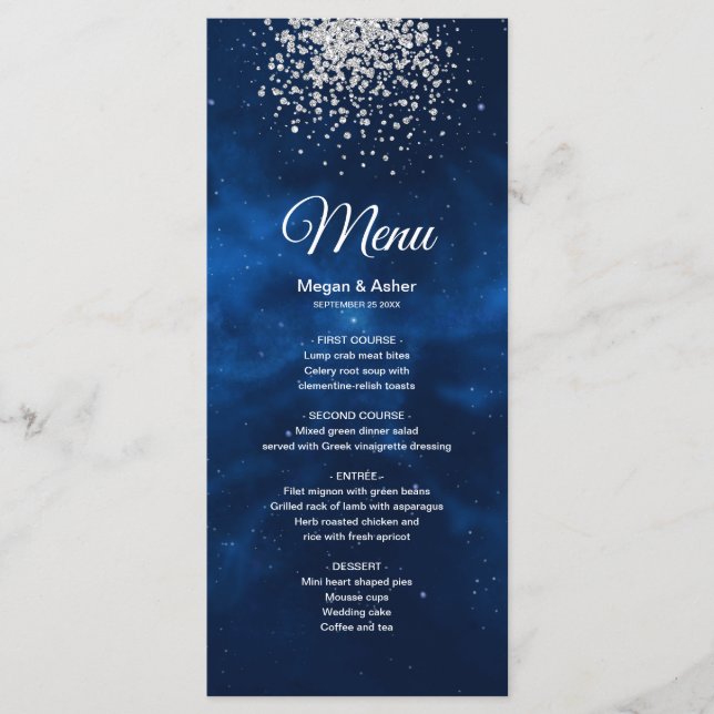 Celestial Romantic Blue Universe Silv Glitter Menu (Front)