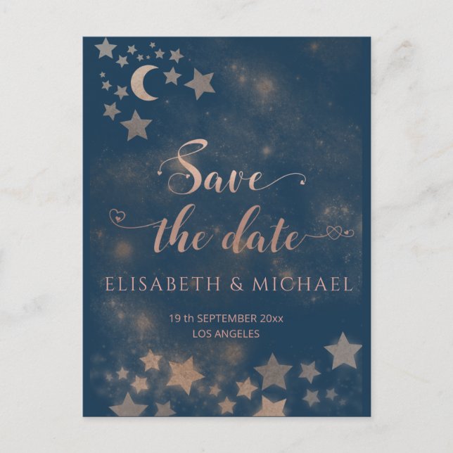 Celestial romantic moon and stars calligraphy announcement postcard (Front)