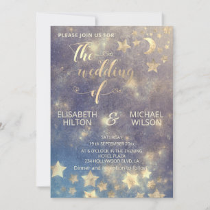 Celestial romantic moon and stars calligraphy gold invitation