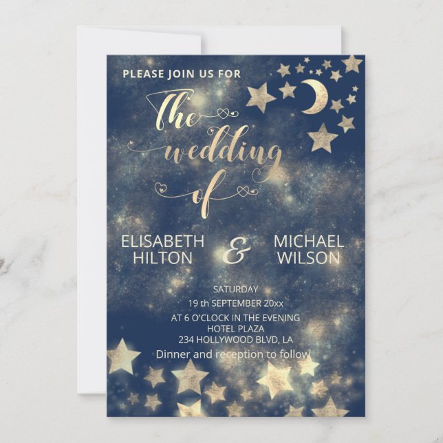 Celestial romantic moon and stars calligraphy gold invitation (Front)