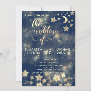 Celestial romantic moon and stars calligraphy gold invitation