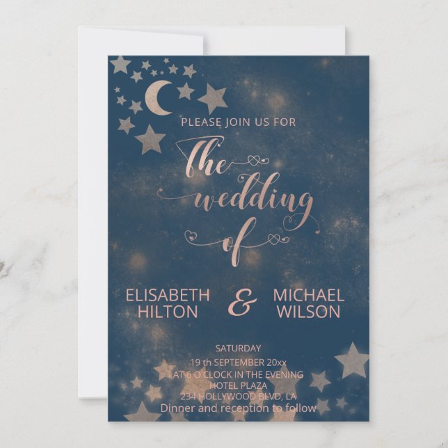Celestial romantic moon and stars calligraphy invitation (Front)